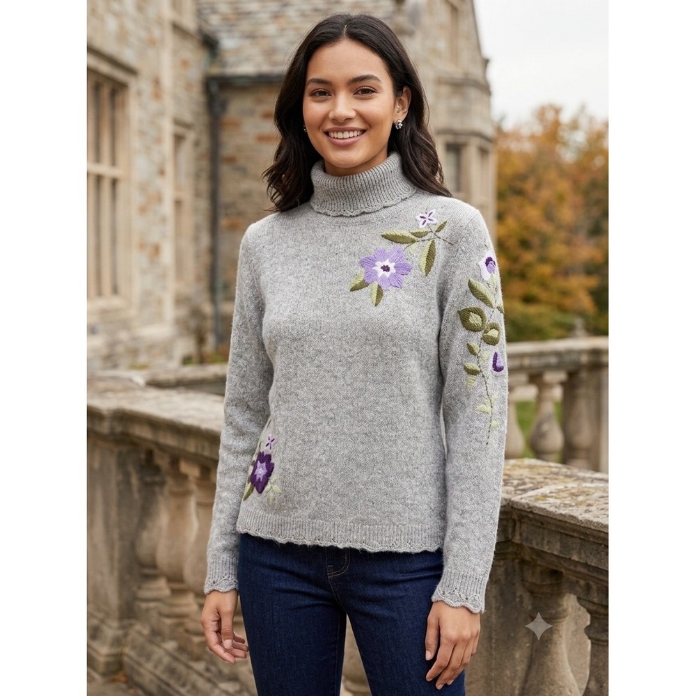 Tribeca Studio Gray Floral Embroidered Turtleneck Sweater Rabbit Hair Blend L